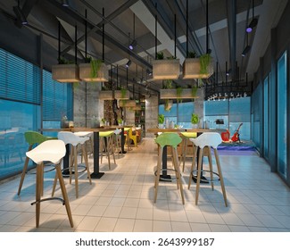 3d render restaurant cafeteria interior