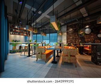 3d render restaurant cafeteria interior