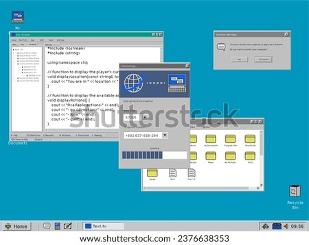3D Render: Retro Computer OS Template with Connection to Dial Up Internet. Loading Menu on a Desktop Interface with Yellow Folders, Window with Software Code. 1024x768 Resolution with 4:3 Aspect Ratio