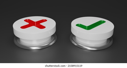3D render right or wrong button isolate on black background. Checkmark and X mark icon set. Checkmark right symbol, tick sign. check and uncheck for web and mobile apps. 3D rendering illustration.