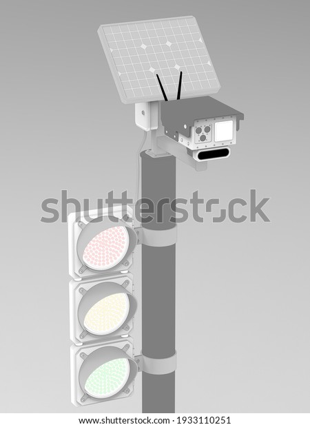 \
3D render of\
a road control system (radar, speed camera, traffic light)\
stylization in the form of a\
sketch