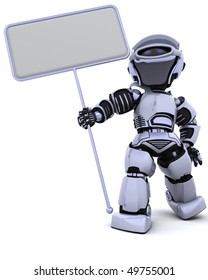 3D render of a robot and blank sign