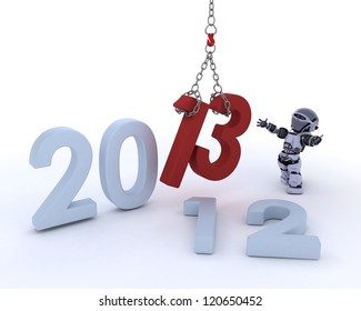 3D render of a Robot bringing in the new year