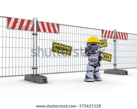3D Render of a Robot with construction barrier fence