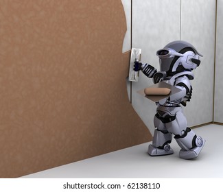 3D render of robot robot contractor building a drywall