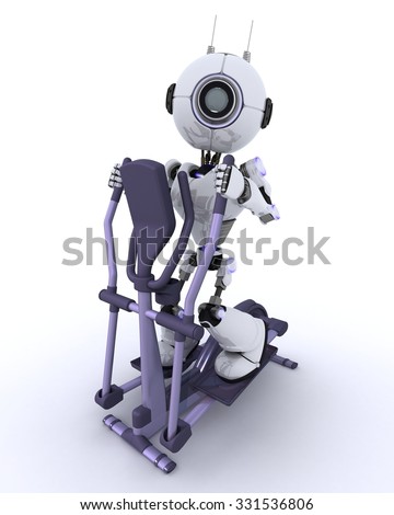 3D render of a robot at the gym on a cross trainer