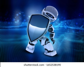 3D Render Of A Robot Holding Shield Depicting Digital Security 