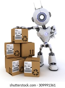 3D render of a Robot with shipping boxes