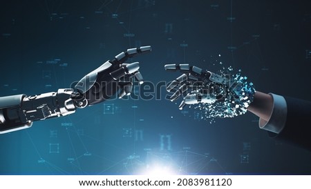 3D Render of robot turning human into cyborg