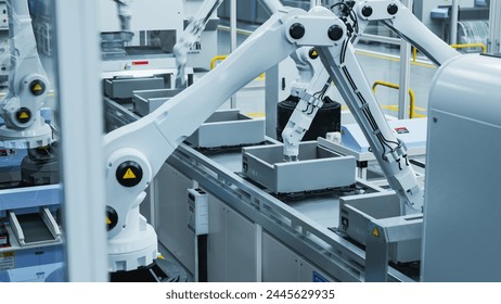 3D Render Of Robotic Arm Conveyor Line Manufacturing Industrial Electronic Devices. Automated AI Assembly Line Producing High-Tech Products for the Information Technology Industry.