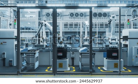3D Render Of Robotic Arm Conveyor Line Manufacturing Industrial Electronic Devices. Advanced Automated AI Assembly Line Producing High-Tech Products for the Information Technology Industry.