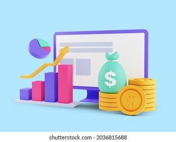 3d Render Of ROI Concept, Return On Investment, People Managing Financial Chart, Profit Income. Isolated On Blue Background