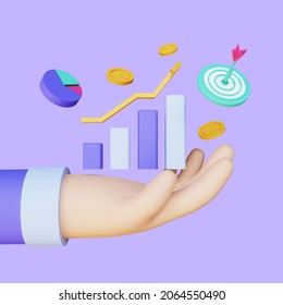 3d Render Of ROI Concept, Return On Investment, People Managing Financial Chart, Profit Income. Isolated On Purple Background