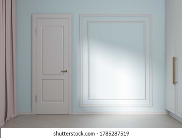 3d render, room interior, inside, backgrond for a product, white frame on blue wall, door and curtains, copyspace, empty scene, wooden floor, backdrop.