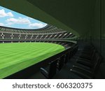 3D render of a round Australian rules football stadium with  black seats and VIP boxes for fifty thousand fans