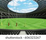3D render of a round Australian rules football stadium with  black seats and VIP boxes for fifty thousand fans