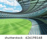 3D render of a round Australian rules football stadium with  sky blue seats and VIP boxes for fifty thousand fans