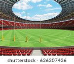 3D render of a round Australian rules football stadium with  red seats and VIP boxes for fifty thousand fans