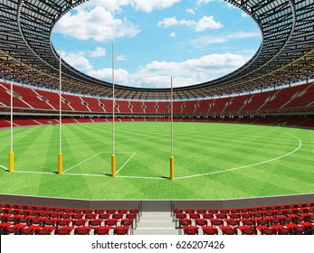 3D Render Of A Round Australian Rules Football Stadium With  Red Seats And VIP Boxes For Fifty Thousand Fans