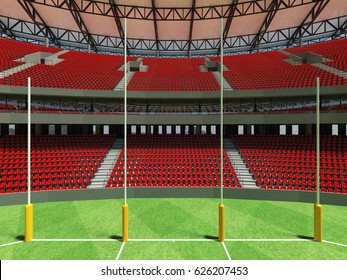 3D Render Of A Round Australian Rules Football Stadium With  Red Seats And VIP Boxes For Fifty Thousand Fans