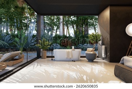 3D render of a round bath tub with tropical garden view. Spacious luxurious bathroom suite with large windows and lush surrounding vegetation. 