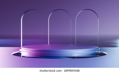3d render round platform on water with glass wall and arch. Minimal mockup for product showcase banner in dark colors. Modern design promotion mock up. Geometric background with empty space.