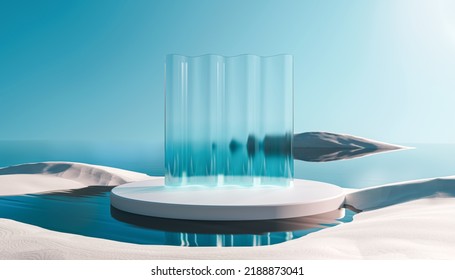 3d render round platform water   sand and glass wall panels  Minimal landscape mockup for product showcase banner in blue colors  Modern promotion mock up  Geometric background and empty space 