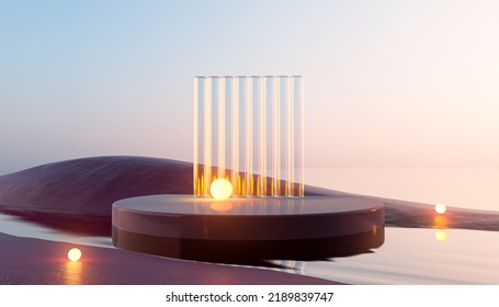 3d render round platform water   sand and glass wall panels  Minimal landscape mockup for product showcase banner in purple color  Modern promotion mock up  Geometric background and empty space