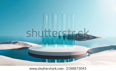 3d render round platform on water and sand with glass wall panels. Minimal landscape mockup for product showcase banner in blue colors. Modern promotion mock up. Geometric background with empty space.