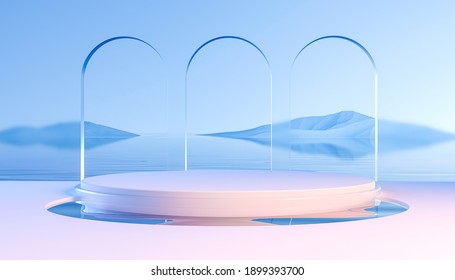 3d render round podium on water with glass wall, arch and mountains. Minimal mockup for product presentation banner. Modern design promotion mock up. Geometric background with empty space.