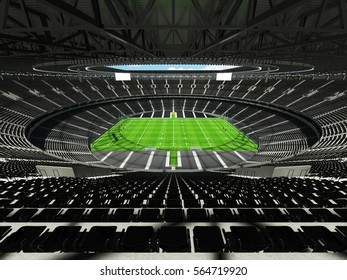 3D render of a round rugby stadium with  black seats and VIP boxes for hundred thousand people