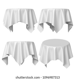 3d Render, Round Table Covered With Red Blank Tablecloth, Different Perspective Positions, Textile Folds, Fabric Shape, Side And Top View, Isolated Clip Art Set