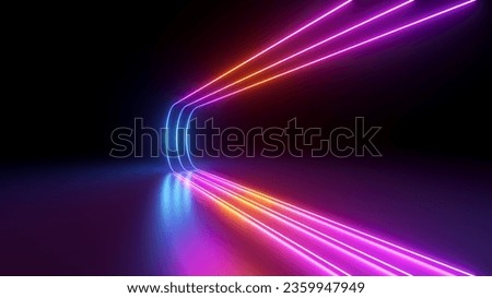 3d render, rounded bend pink blue neon lines glowing in the dark. Abstract minimalist geometric background. Cyber space. Futuristic wallpaper