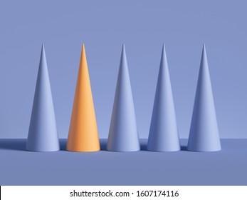 3d Render, Row Of Cones Isolated On Violet Background. Abstract Primitive Geometric Shapes. Yellow Cone. Outstanding Idea, One Of A Kind Concept. Modern Minimal Design