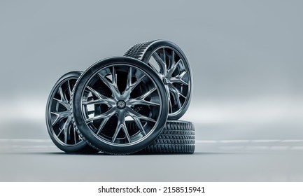 3d Render Of Rubber Tires On Cast Steel Rims. Wheel Sale Concept. Auto Repair Shops. Mixed Media