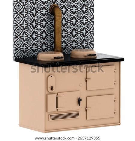 3d render rustic wood burning stove vintage white background