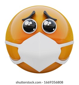 3D Render Of Sad Begging Eyes Emoji Face In Medical Mask Protecting From Coronavirus 2019-nCoV, MERS-nCoV, Sars, Bird Flu And Other Viruses, Germs And Bacteria And Contagious Disease.