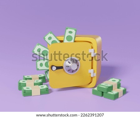3d render safe box with banknote stack money to protect saving or deposit cash. stored money secure and banking safety concept.