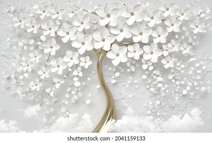 3d render of sakura tree with white flowers on gray background for digital print wallpaper, custom design wallpaper