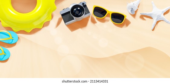 3d Render Of Sand Beach With Camera Flip Flop Sunglasses Star Fish Shell Swim Ring Decoration For Summer Concept,Top View.