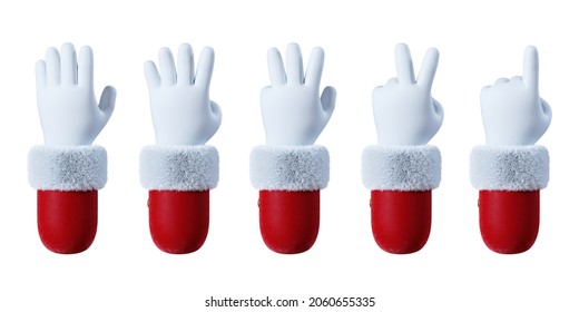 3d render, Santa Claus cartoon character hands, fingers show numbers from one to five. Counting sequence. Christmas clip art isolated on white background - Powered by Shutterstock