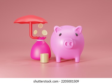 3d render of saving money concept Keeping or protecting money is decorated with piggy banks, coins, umbrellas and bags of money. 3d rendering illustration - Powered by Shutterstock