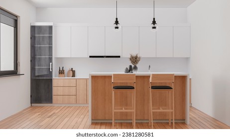 3d render of scandinavian kitchen with mini bar