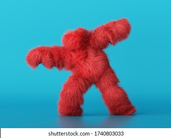 3d Render, Scary Furry Red Beast Cartoon Character Posing, Isolated On Blue Background. Fluffy Plush Toy. Man Wearing Halloween Costume Of A Hairy Monster