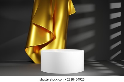 3d Render Scene In Dark Studio With Gold Silk Curtain And White Podium. Pedestal For Product Display With Shadow And Light Overlay. Bright Veil Reveal Surprise. Advertising Mockup.