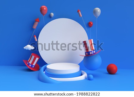 3D Render Scene of Minimal Podium Scene for Display Products Advertising Design. 4th of July USA Independence Day Concept.
