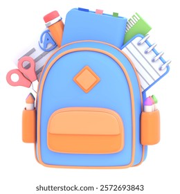 3D Render of a School Backpack Filled with Stationery Supplies - Representing Education, Learning, and Back-to-School Themes - High-Quality Illustration for Academic, Creative