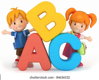 3D Render Of School Kids With ABC