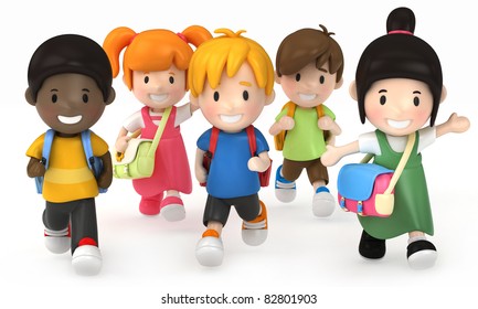 3D Render Of School Kids Running