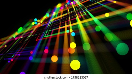 3d Render. Sci-fi Bg Of Glow Multicolor Particles Form Lines Like Electrical Circuit Or Microcircuit. Beautiful Bokeh Light Effects, Dof. Abstract Bg As Technological Concept With Many Lines And Nodes